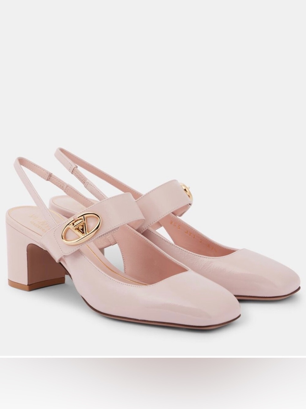 Valentino Garavani Pale Pink Patent Slingback Block Heels with Gold Logo